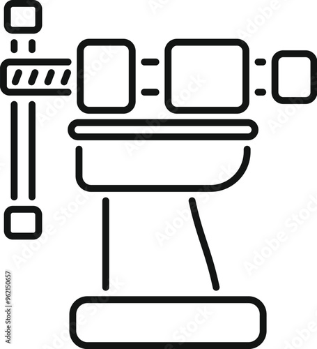 This icon represents a smart factory machine processing data in a manufacturing setting