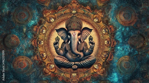 A Ganesha mandala art piece, with intricate circular patterns radiating from the deity, combining spirituality and symmetry in a meditative design