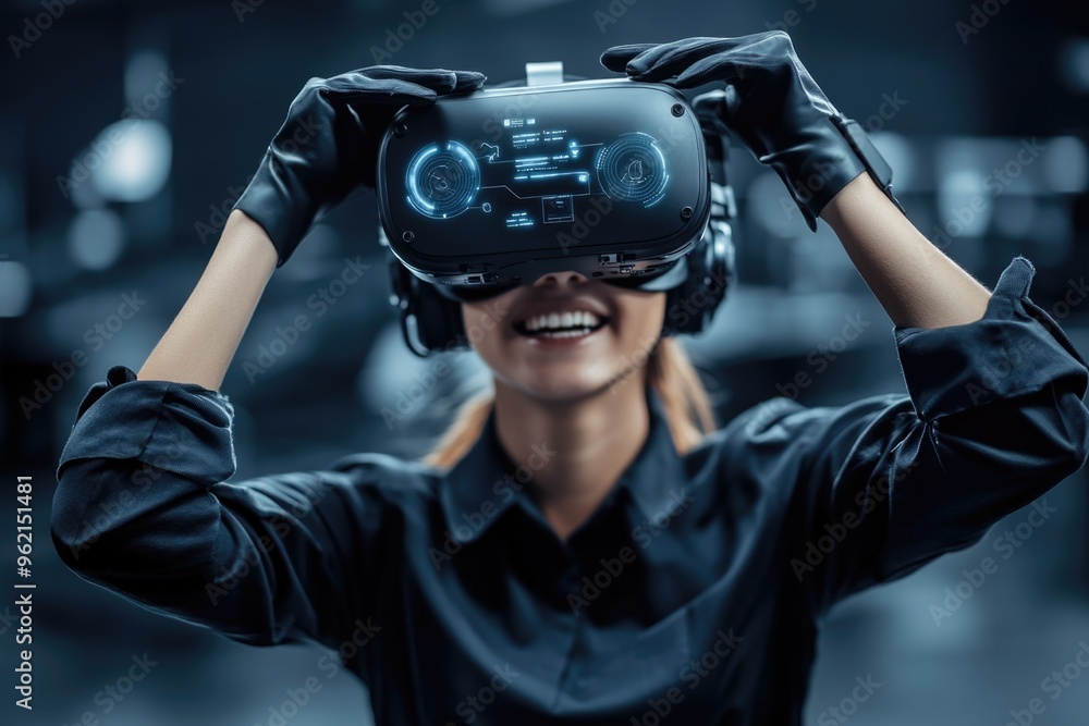Futuristic virtual reality experience with smiling woman in tech gloves Futuristic virtual reality experience with smiling woman in tech gloves