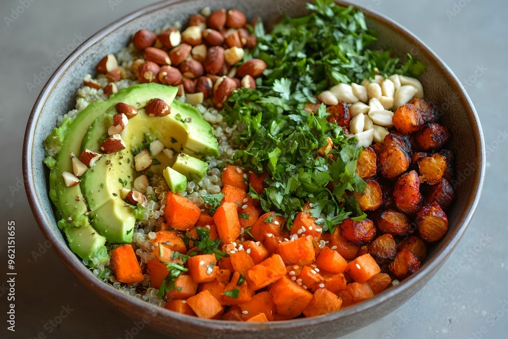 Wholesome Vegan Buddha Bowl, Quinoa, Vegetables, Avocado, Nuts Wholesome Vegan Buddha Bowl, Quinoa, Vegetables, Avocado, Nuts