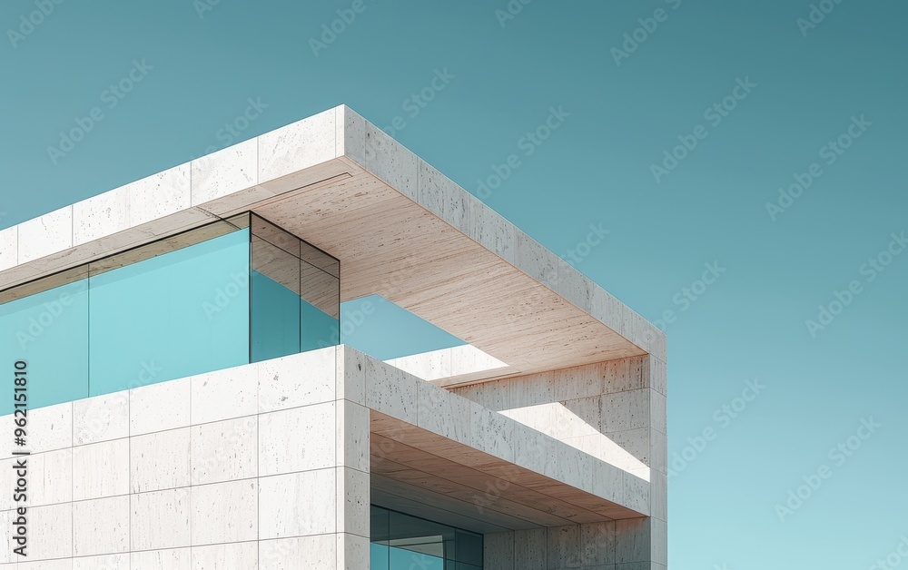 Fototapeta premium Minimalist Architecture: Concrete and Glass Building Against a Blue Sky