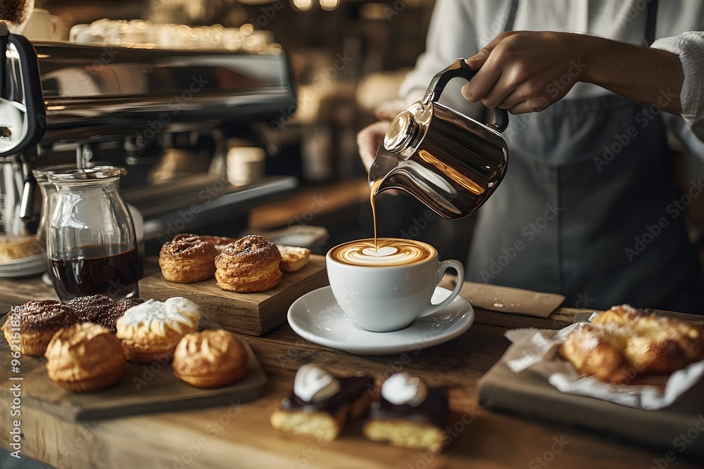 Cozy Café Scene with Freshly Brewed Coffee and Pastries, pastry, cafe, bakery, breakfast Cozy Café Scene with Freshly Brewed Coffee and Pastries, pastry, cafe, bakery, breakfast