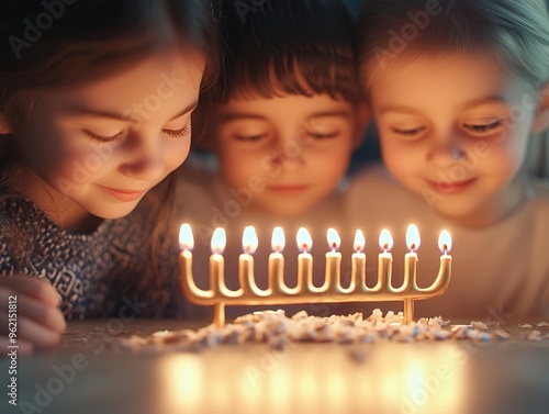 Children Celebrating Hanukkah with Menorah. photo