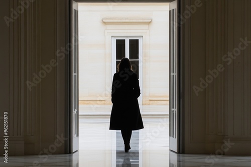 Silhouette of woman in elegant hallway: elegance, mystery, and architectural beauty