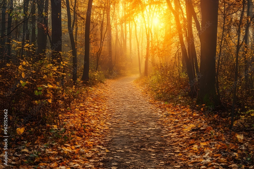 Obraz premium Autumn Forest Path Serenity, nature, landscape, leaves, mist