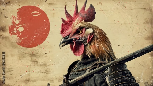 A rooster dressed in samurai armor with a sword stands in front of a Japanese flag. photo