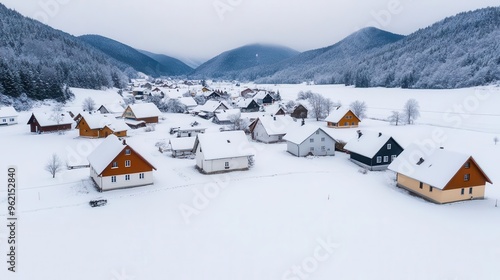 First snowfall of the season covering a small village, winter weather, fresh and clean photo