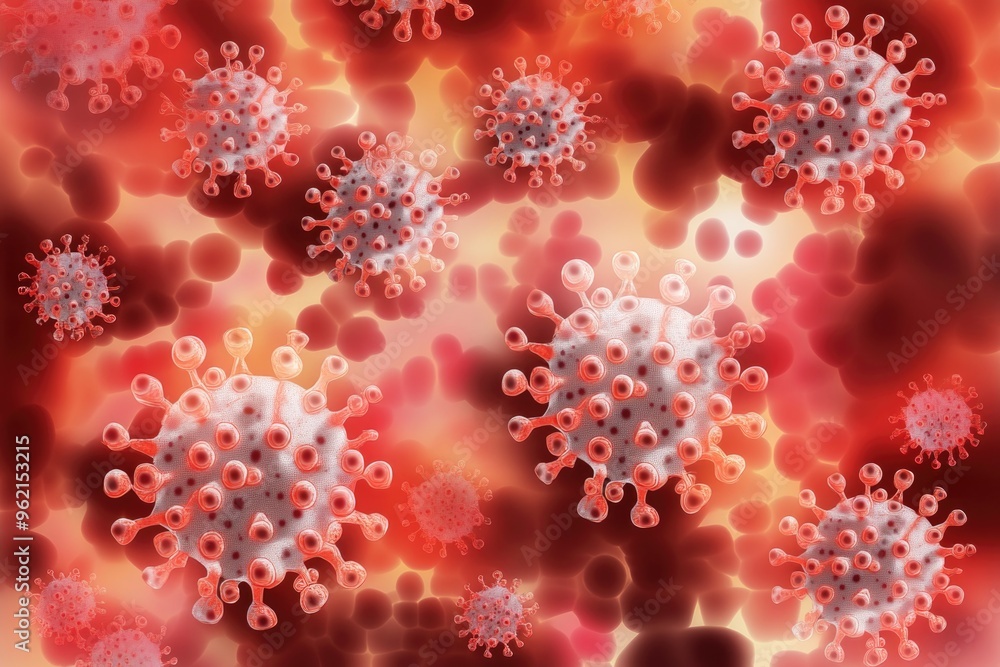 Microscopic view of viruses with red and white spiky particles Microscopic view of viruses with red and white spiky particles