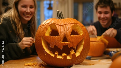 Pumpkin carving party with smiling people creating detailed jack-o'-lanterns in a cozy home