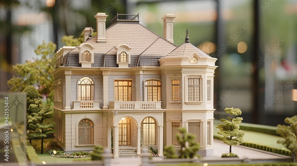Fototapeta premium Classic house model featuring intricate design and large windows