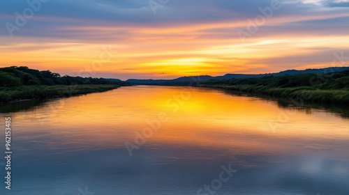 Hazy sunset over a calm river, humid weather, golden hour light