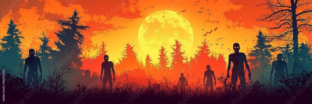 Zombies with glowing eyes stand eerily under a vibrant sunset sky, silhouetted against the fiery colors, embodying a sense of horror and apocalyptic dread. Zombies with glowing eyes stand eerily under a vibrant sunset sky, silhouetted against the fiery colors, embodying a sense of horror and apocalyptic dread.
