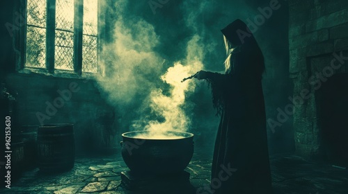 A woman in a witch costume stirring a bubbling cauldron in a dark, eerie room