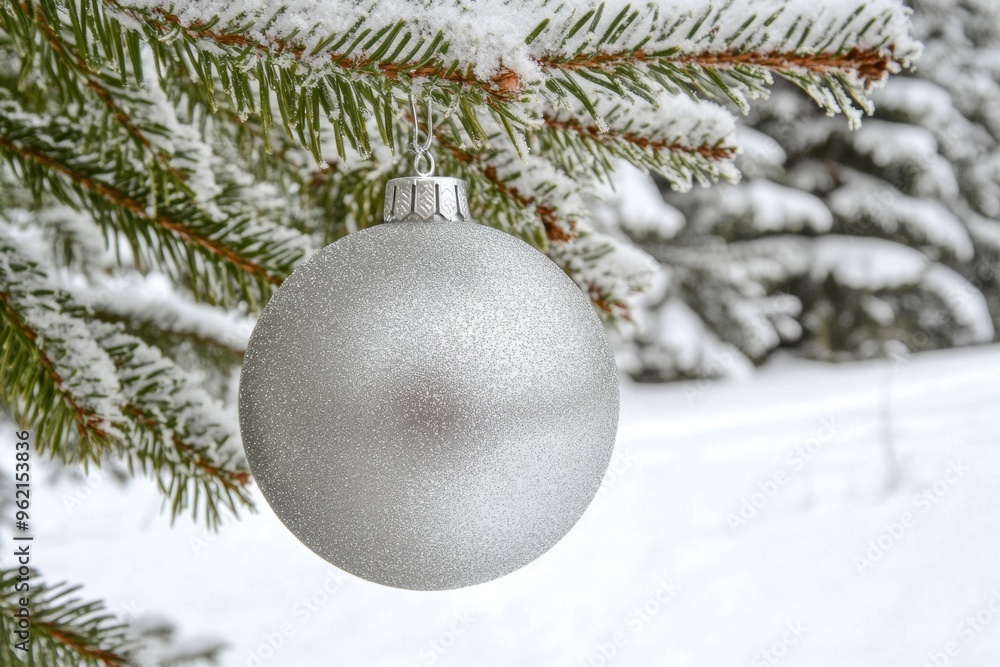 Sparkling silver Christmas bauble hanging on snowy pine branch Sparkling silver Christmas bauble hanging on snowy pine branch