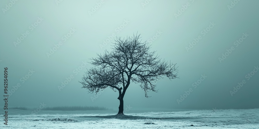 A solitary tree stands bare in a misty winter landscape, blanketing the scene in fog, depicting solitude and tranquility. A solitary tree stands bare in a misty winter landscape, blanketing the scene in fog, depicting solitude and tranquility.
