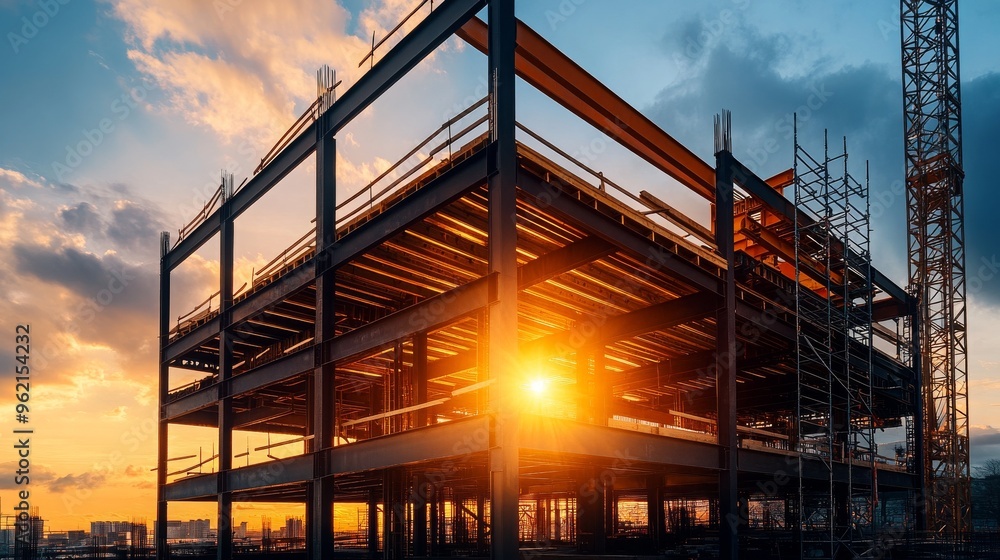 Obraz premium Construction Site Steel Frame Building Sunset Sky