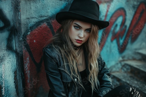 A woman dressed in black with a black hat sitting against a vibrant graffiti-adorned wall, exuding confidence.