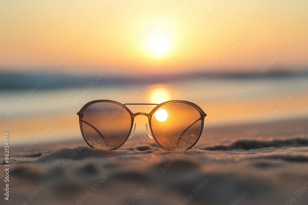 custom made wallpaper toronto digitalGolden hour at the beach with sunglasses on sand, reflecting the setting sun over the horizon creating a serene scene.