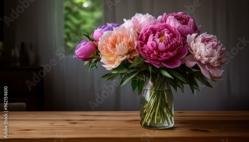 Wallpaper Mural A glass vase with colorful peonies stands on a wooden table. Torontodigital.ca