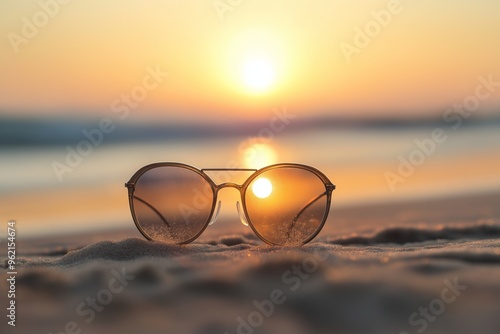 Wallpaper Mural Golden hour at the beach with sunglasses on sand, reflecting the setting sun over the horizon creating a serene scene. Torontodigital.ca