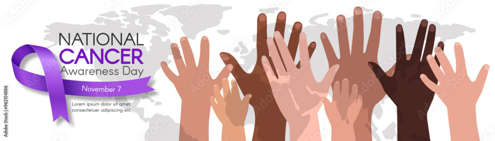 National Cancer Awareness Day. Long horizontal banner with a purple ribbon, diverse hands, and space for text. Vector flat illustration. National Cancer Awareness Day. Long horizontal banner with a purple ribbon, diverse hands, and space for text. Vector flat illustration.