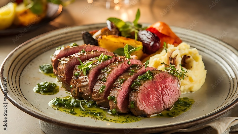 A plate of meat with a side of mashed potatoes and vegetables. The meat is cooked and seasoned perfectly, and the vegetables are roasted. A plate of meat with a side of mashed potatoes and vegetables. The meat is cooked and seasoned perfectly, and the vegetables are roasted.