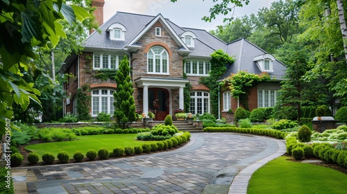 Elegant classic house exterior with grand entrance and lush garden