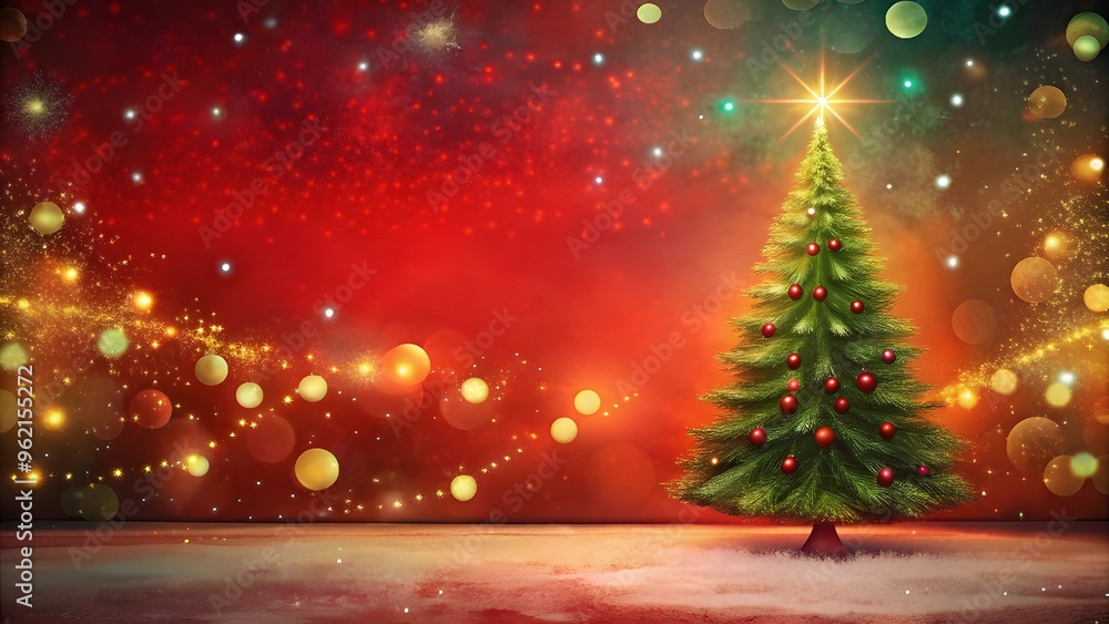 Christmas background with Christmas tree and sparkle bokeh lights on a red canvas background. Merry Christmas card. Winter holiday theme. Happy New Year Christmas background with Christmas tree and sparkle bokeh lights on a red canvas background. Merry Christmas card. Winter holiday theme. Happy New Year