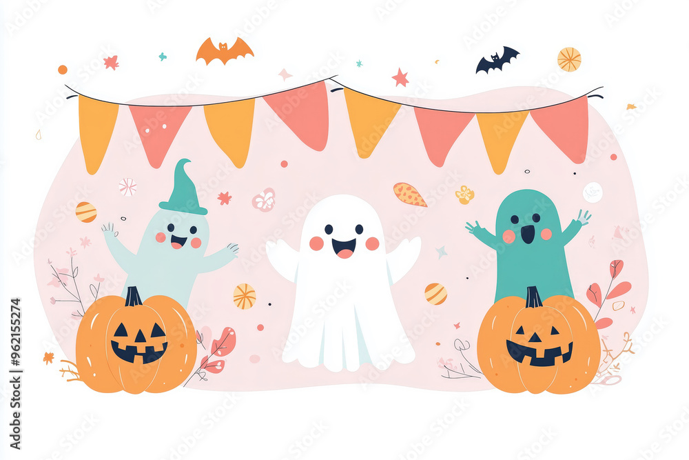 Children in witch costumes and a friendly ghost holding pumpkins with autumn leaves Children in witch costumes and a friendly ghost holding pumpkins with autumn leaves