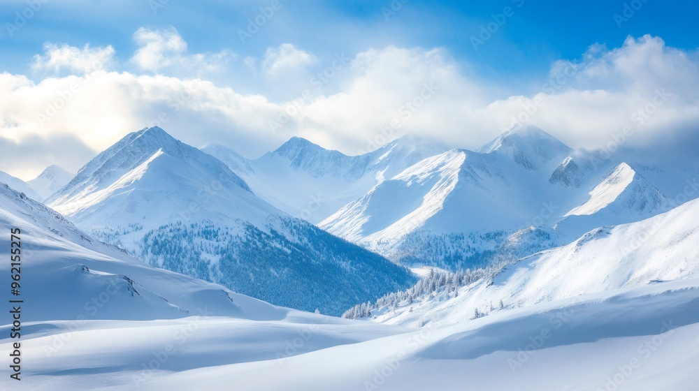 Snow-covered mountain range with blue sky and fluffy clouds. Snow-covered mountain range with blue sky and fluffy clouds.