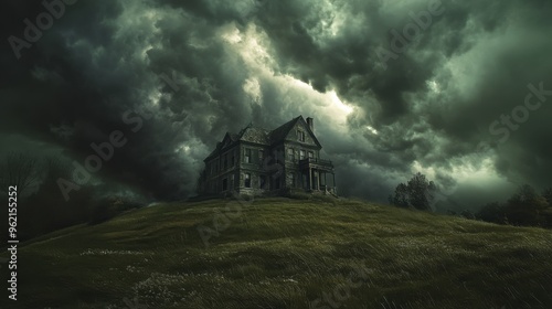 A cinematic shot of a spooky mansion on a hill, with dark clouds swirling overhead