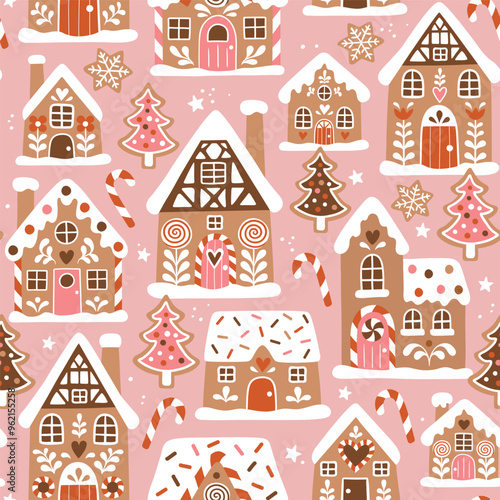 Seamless vector pattern with cute gingerbread houses and cookies. Hand drawn Christmas gingerbread village. EPS 10 vector file. Perfect for textile, wallpaper or print design.
