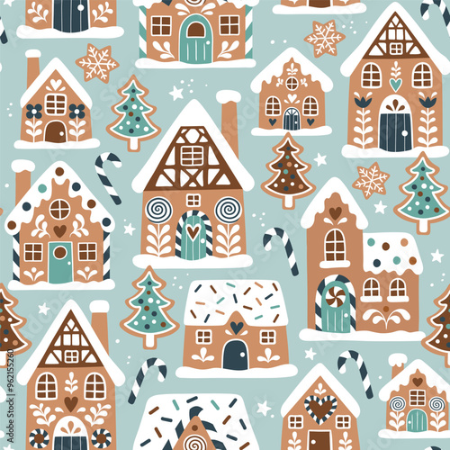 Seamless vector pattern with cute gingerbread houses and cookies. Hand drawn Christmas gingerbread village. EPS 10 vector file. Perfect for textile, wallpaper or print design.