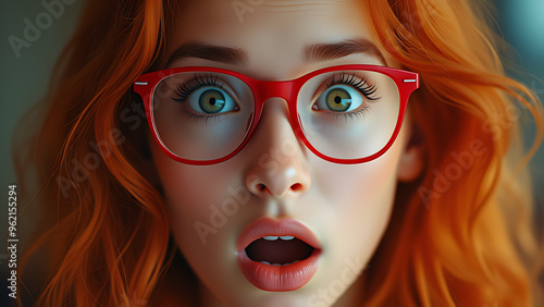 Surprised Redheaded Woman with Red Glasses