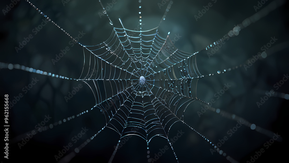 abstract background of an intricate spider web with delicate, shimmering silver threads against a dark, misty backdrop abstract background of an intricate spider web with delicate, shimmering silver threads against a dark, misty backdrop