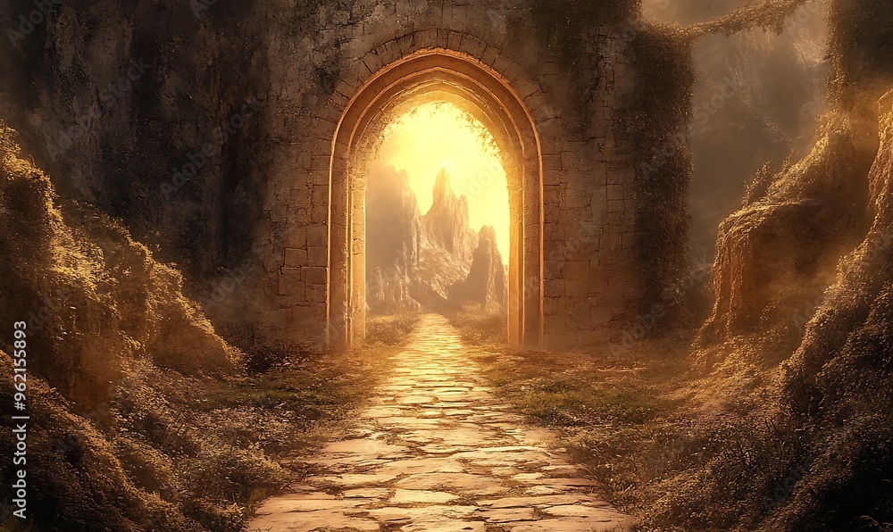 A Stone Pathway Leading Through An Archway To A Mountainous Landscape A Stone Pathway Leading Through An Archway To A Mountainous Landscape