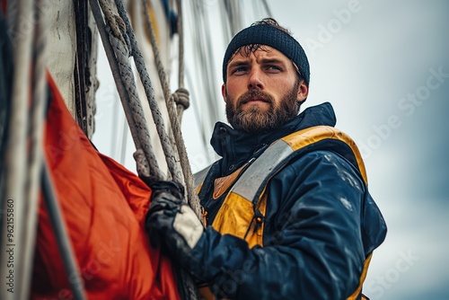 Bearded sailor in waterproof gear holding rigging