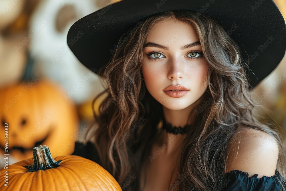 Portrait of woman at Halloween party as dead witch with funny and silly expression on her face. Young woman with bloody make-up holds glowing pumpkin covered with spider webs on orange background Portrait of woman at Halloween party as dead witch with funny and silly expression on her face. Young woman with bloody make-up holds glowing pumpkin covered with spider webs on orange background