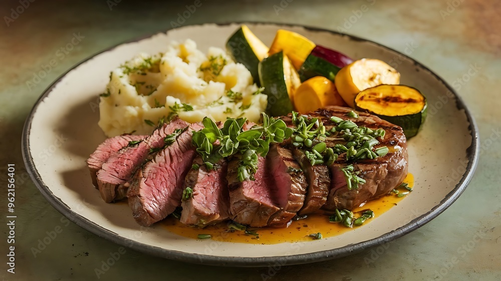 A plate of meat with a side of mashed potatoes and vegetables. The meat is cooked and seasoned perfectly, and the vegetables are roasted. A plate of meat with a side of mashed potatoes and vegetables. The meat is cooked and seasoned perfectly, and the vegetables are roasted.