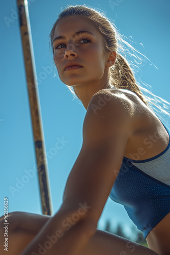 Focused female track and field athlete preparing for her next jump under a clear blue sky in a training session photo