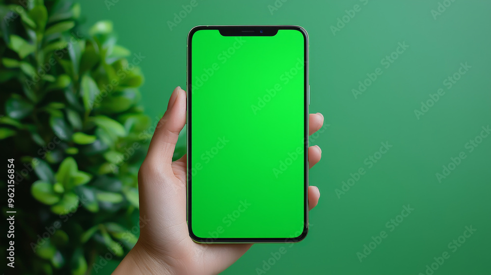 Hand holding a smartphone with a green screen.