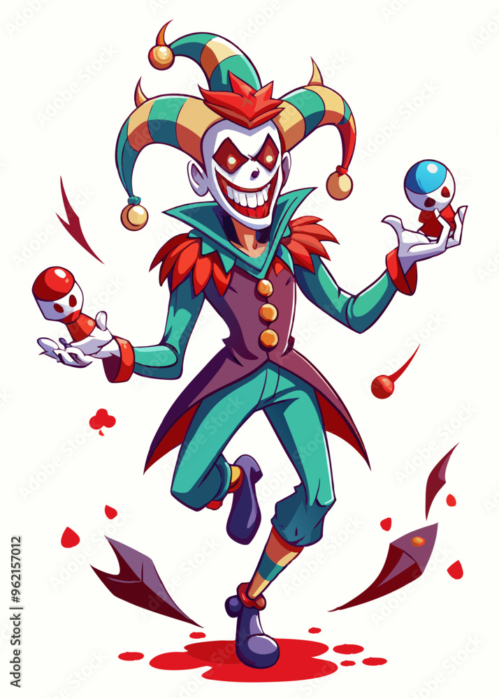 Demonic Jester Juggling Blood-Stained Skulls, Dark Fantasy Vector Illustration on White Background Demonic Jester Juggling Blood-Stained Skulls, Dark Fantasy Vector Illustration on White Background