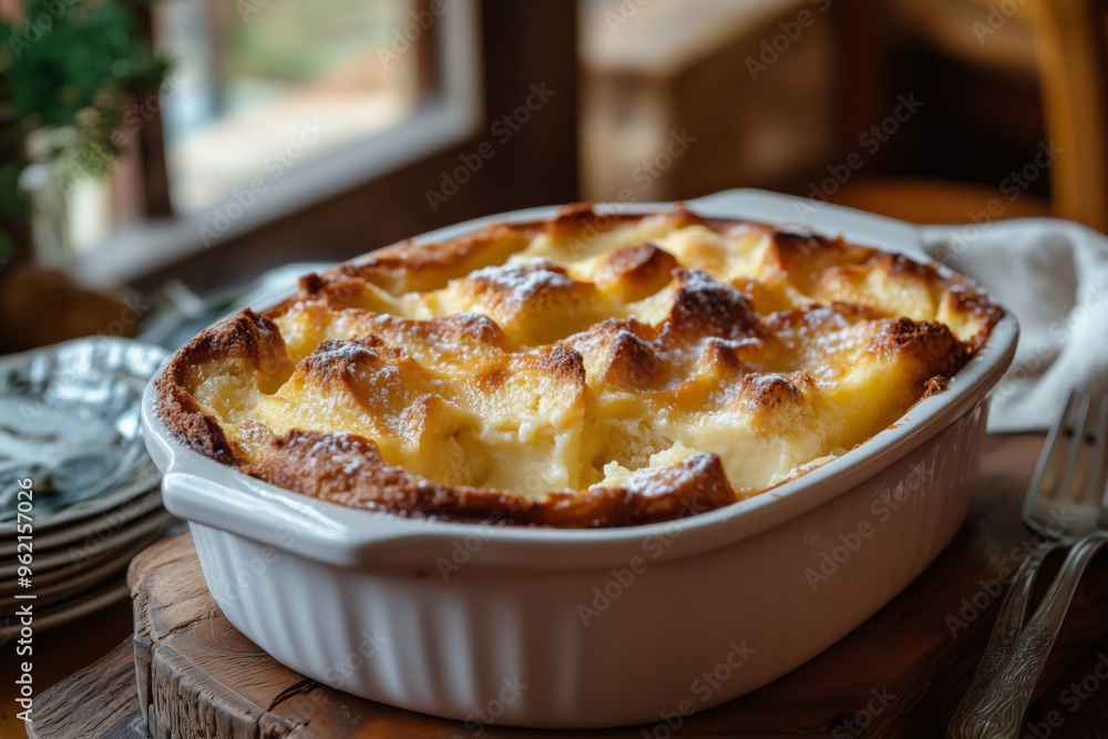 Delicious homemade bread pudding served on a wooden plate, garnished with fresh herbs and sprinkled with powdered sugar Delicious homemade bread pudding served on a wooden plate, garnished with fresh herbs and sprinkled with powdered sugar