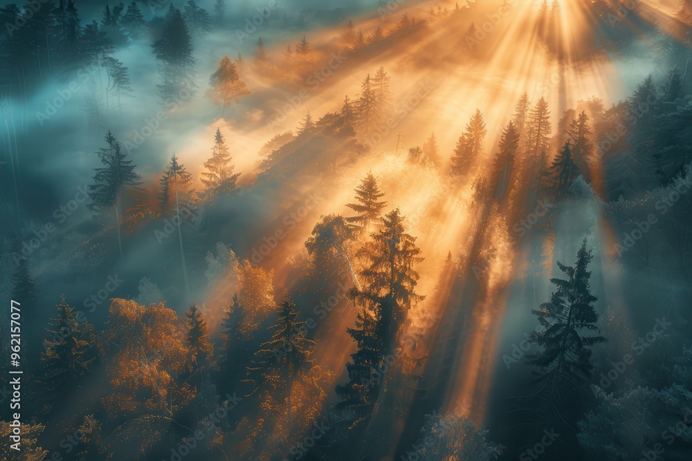 Sunrise Through the Mist in a Forest Sunrise Through the Mist in a Forest