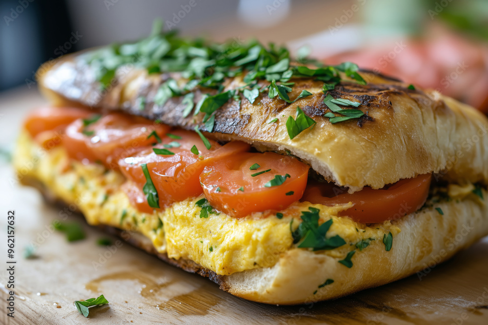 Savoring a vibrant Spanish omelette sandwich with fresh tomatoes and herbs on a rustic wooden table, perfect for a leisurely brunch Savoring a vibrant Spanish omelette sandwich with fresh tomatoes and herbs on a rustic wooden table, perfect for a leisurely brunch