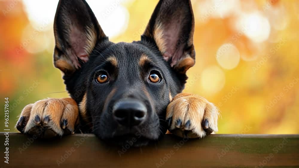 Curious German Shepherd puppy peeking over wooden fence, with alert ears and paws visible, against vibrant autumn background with bokeh effects Curious German Shepherd puppy peeking over wooden fence, with alert ears and paws visible, against vibrant autumn background with bokeh effects