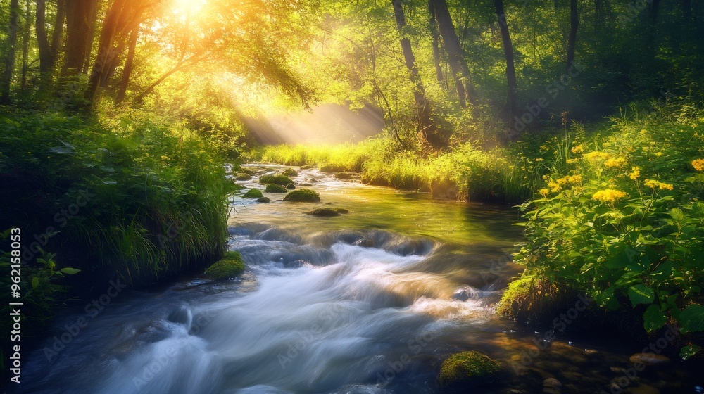 Sunbeams illuminate a tranquil river flowing through a lush green forest. Sunbeams illuminate a tranquil river flowing through a lush green forest.