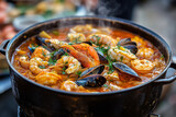 A vibrant seafood stew simmering in a rustic pot at Saintes Maries de la Mer, a culinary delight inspired by Provencal traditions