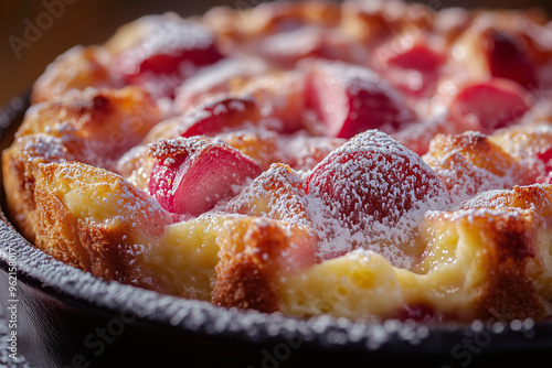 Decadent rhubarb ricotta bread and butter pudding served warm, perfect for a cozy afternoon treat in the heart of autumn photo