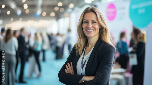 A joyful businesswoman standing in front of a large conference banner in a convention center, looking at the camera with enthusiasm, surrounded by other attendees and booths. Ai generated